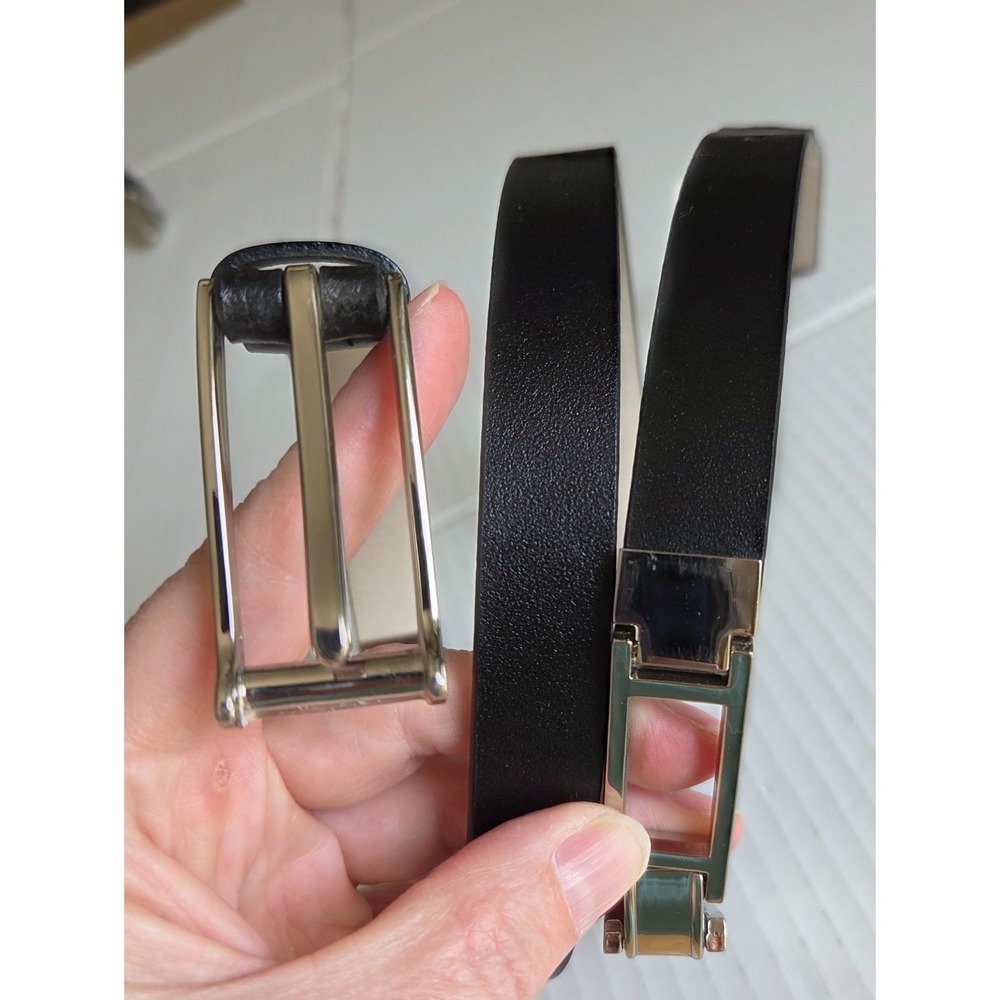 Ellen Tracy Womens Belt Genuine Leather Black Silver Tone Brackets Buckle XL